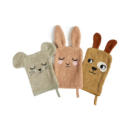 Roommate- WASH GLOVES - BUNNY, MOUSE, DOG set med 3