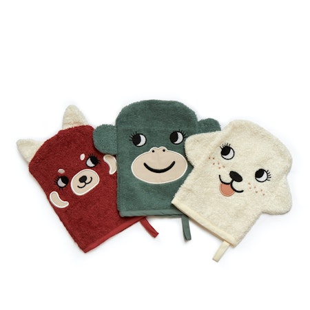 Roommate- Wash Gloves - MONKEY, RED PANDA, DOG, set med 3