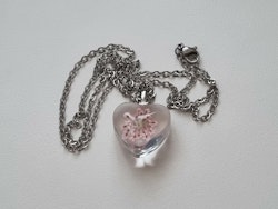 Halsband med hjärtformad glasberlock (50 cm lång kedja) - Rosa