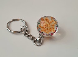 Nyckelring Glaskula glasboll med torkad blomma (Orange)