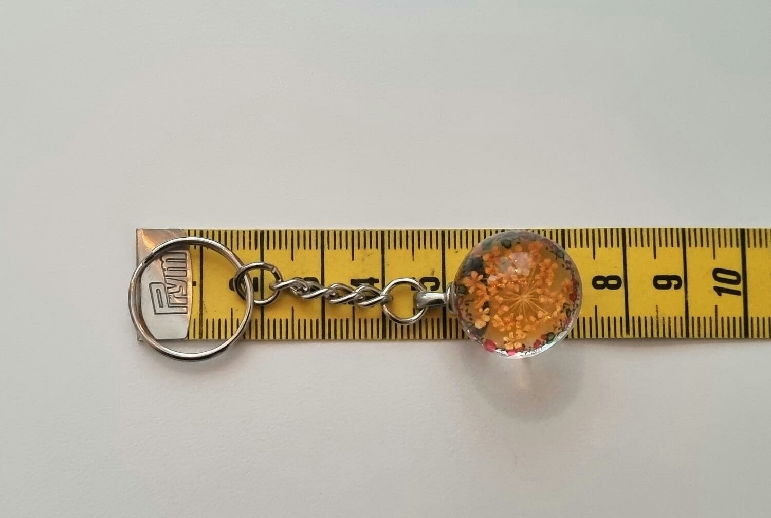 Nyckelring Glaskula glasboll med torkad blomma (Orange)