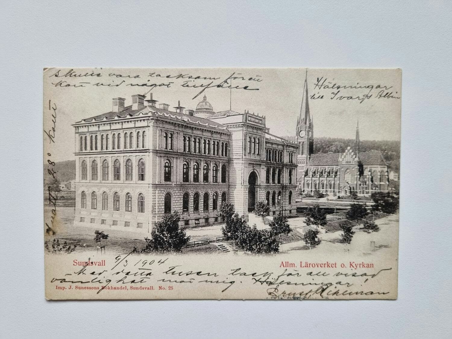 Vykort Sundsvall Allm. Läroverket o. Kyrkan 1904