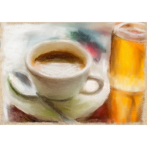 Kaffe eller te? (lerret og med sølv sveveramme)