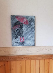 Girl walking in the rain Röd 27x35cm SÅLD