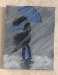 Girl walking in the rain Blå 27x35cm SÅLD