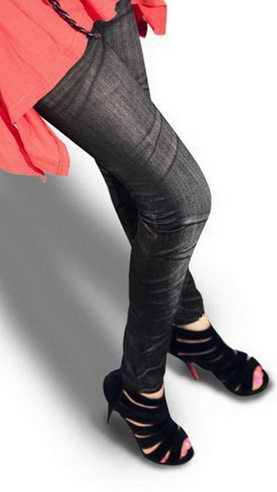 Svarta sömlös faux jeans jeggings leggings