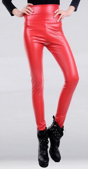 Röda faux läder hög midja leggings