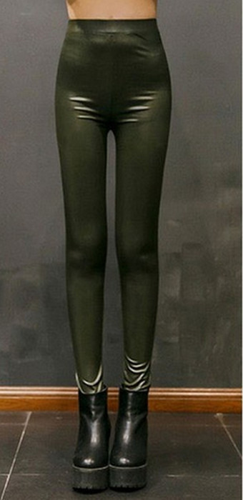 Gröna vinter tät faux läder leggings