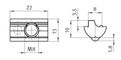 Spårmutter M6 med fjäderkula för profil med spår 8 aluminium