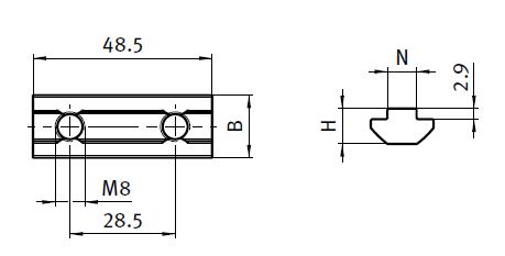 Spårmutter dubbel M8, L=48,5mm, för BSB profil med spår 10