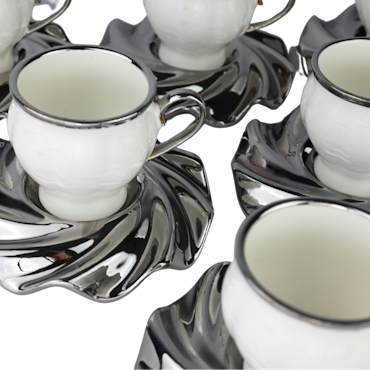 6x Mokkakopper med skål (LITEN) - Luksus kopp med sølv kant & asjetter