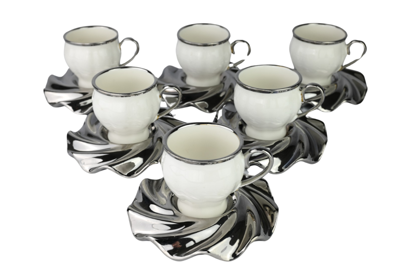 6x Mokkakopper med skål (LITEN) - Luksus kopp med sølv kant & asjetter