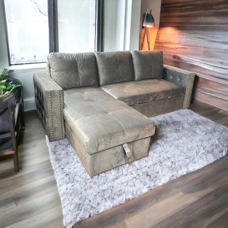 Athens L-Sofa - Sovesofa m/Oppbevaring - Grå fløyel - Vendbar