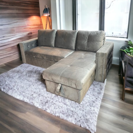 Athens L-Sofa - Sovesofa m/Oppbevaring - Grå fløyel - Vendbar