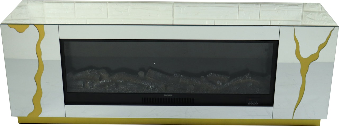 Cracked - Speilet TV-Bord med Varmegivende elektrisk Peis & RGB LED-lys m/fjernkontroller - 160cm