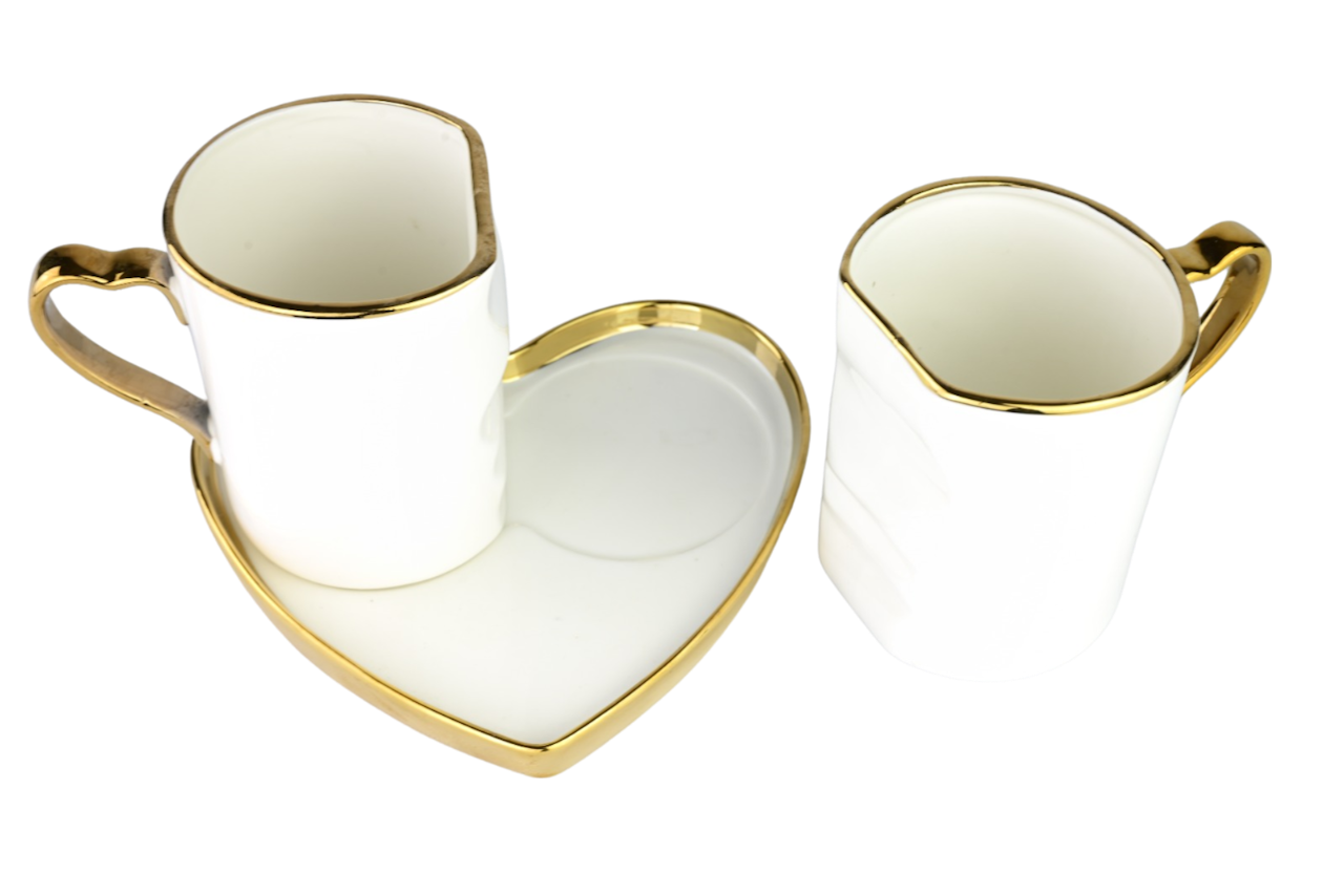 2x Kopper med skål - Luksus kopp med sølv/gull kant i hjerteform - Møbelby