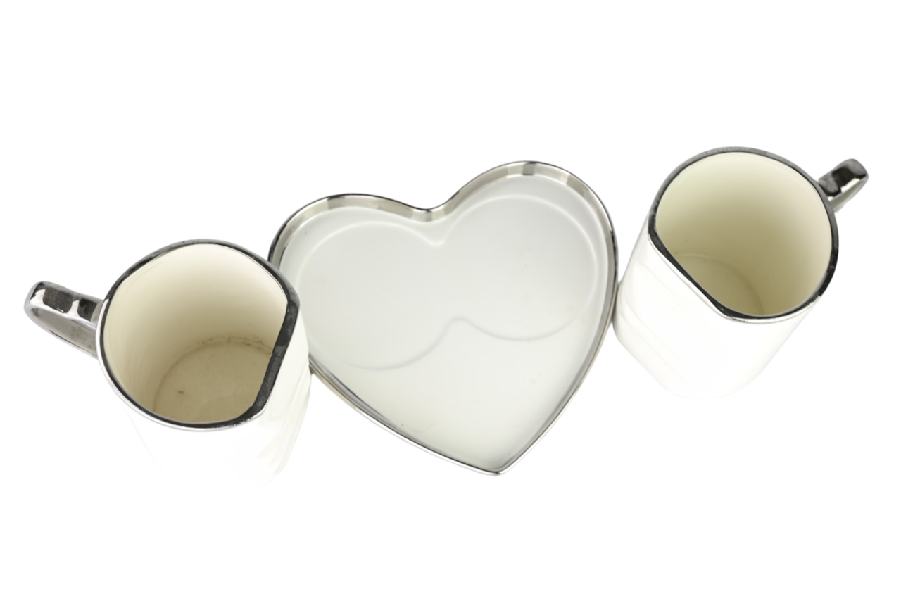 2x Kopper med skål - Luksus kopp med sølv/gull kant i hjerteform