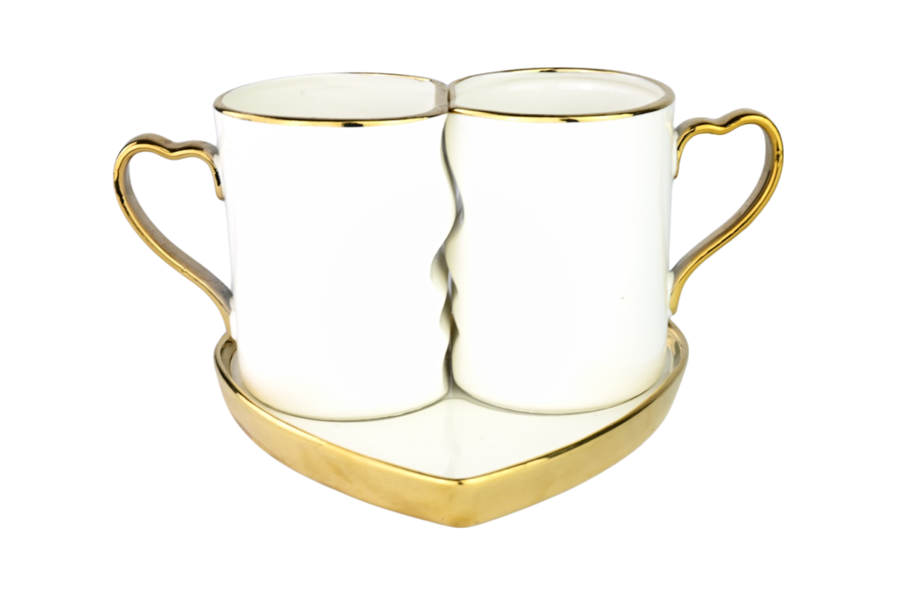 2x Kopper med skål - Luksus kopp med sølv/gull kant i hjerteform - Møbelby