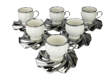 6x Kopper med skål (STOR) - Luksus kopp med sølv kant & asjetter