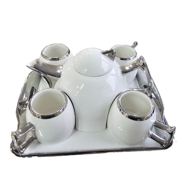 Te-sett - 4x Kopper med serveringsbrett & tekanne i porselen - Luksus kopp med gull/sølv design