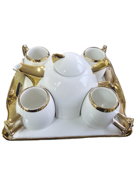 Te-sett - 4x Kopper med serveringsbrett & tekanne i porselen - Luksus kopp med gull/sølv design
