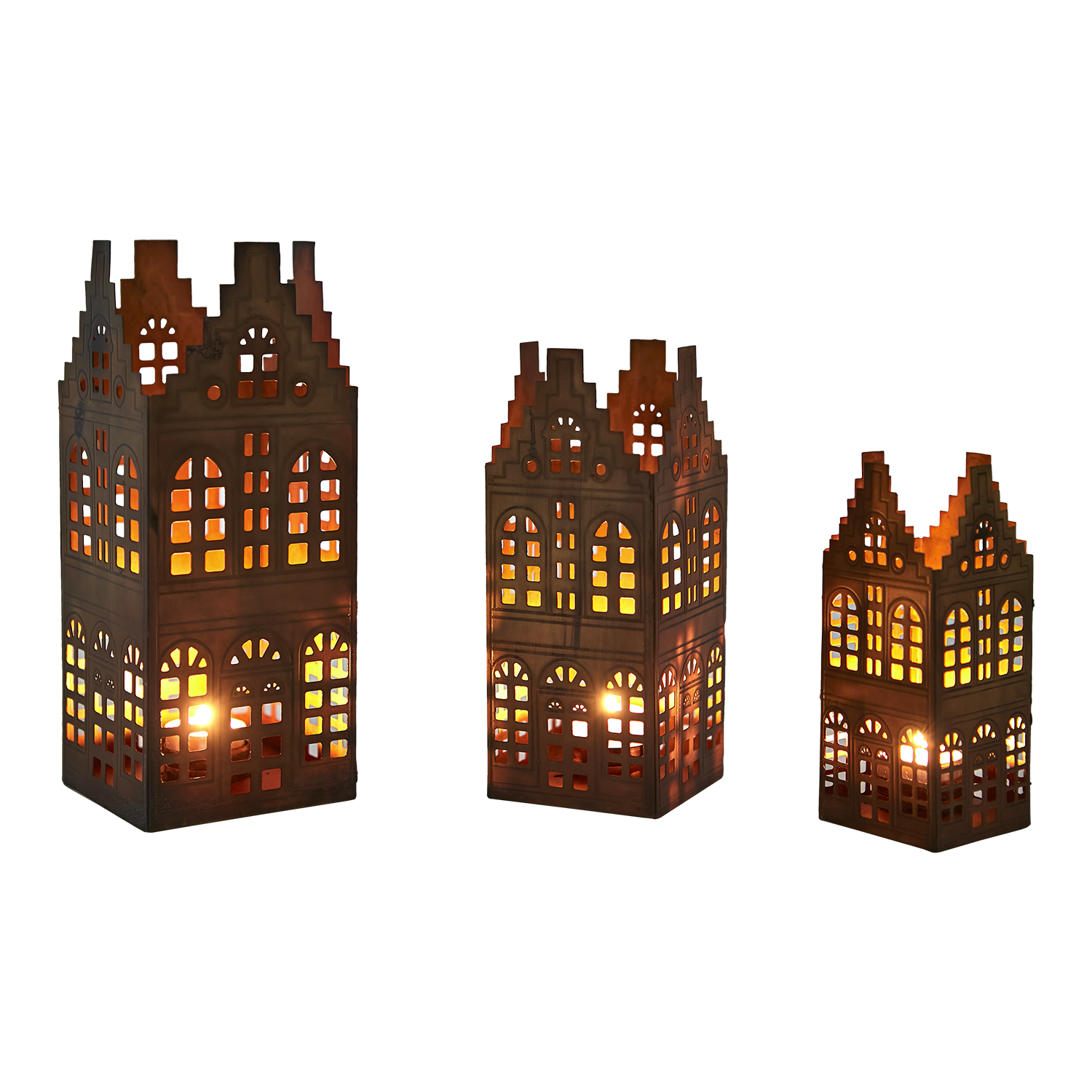 Ljuslykta hus, set om 3, Mässingsfärgad