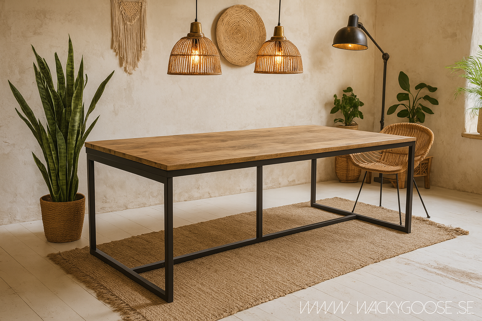 Matbord med underrede i järn, 200x100cm