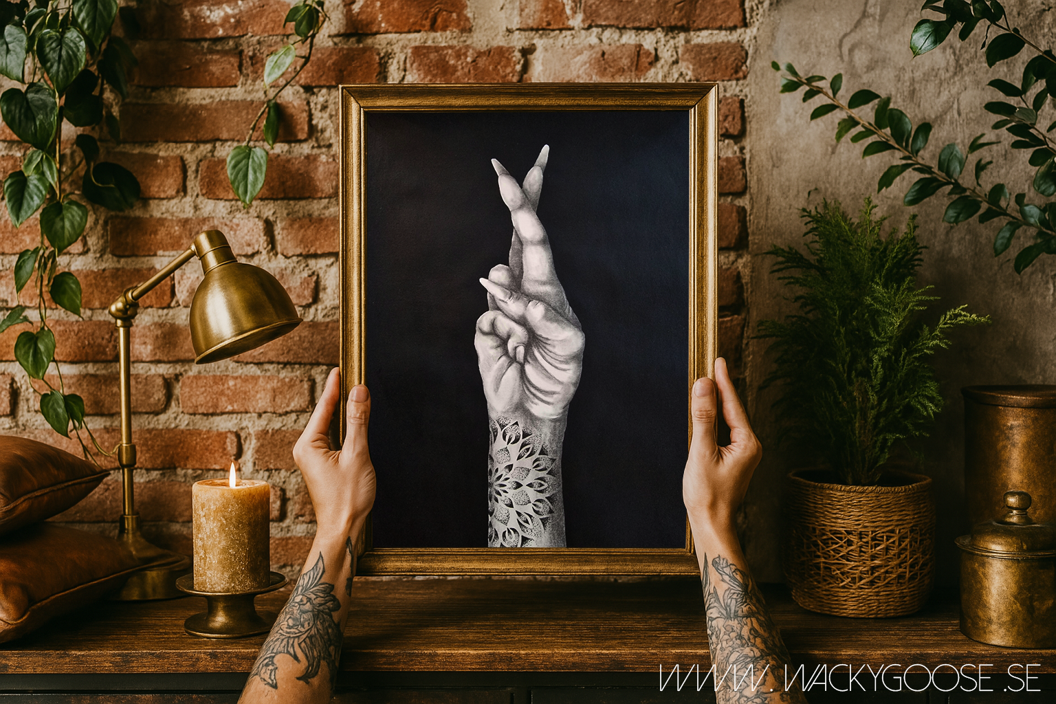 Stay Positive - Svartvit tavla i Kol & Akryl med tatuerad hand