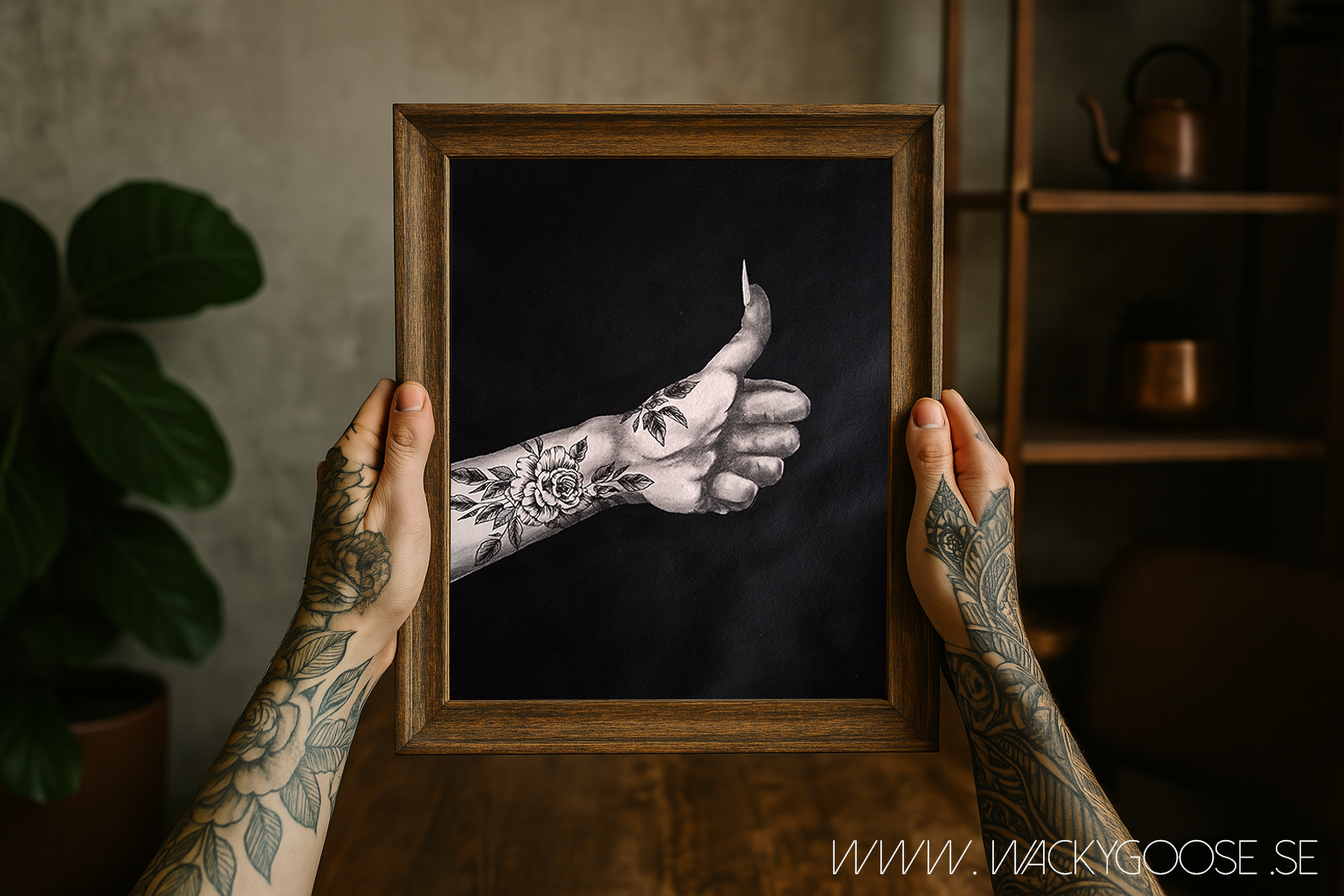 Stay Good - Svartvit tavla i Kol & Akryl med tatuerad hand