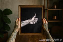 Stay Good - Svartvit tavla i Kol & Akryl med tatuerad hand