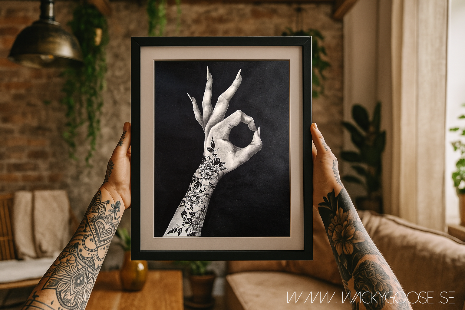 Stay Ok - Svartvit tavla i Kol & Akryl med tatuerad hand