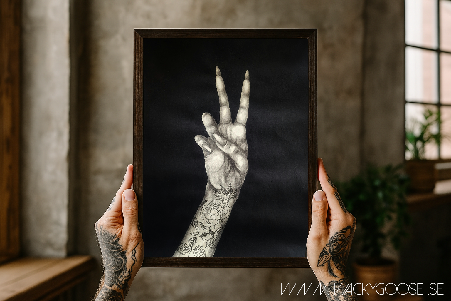 Stay Peaceful - Svartvit tavla i Kol & Akryl med tatuerad hand
