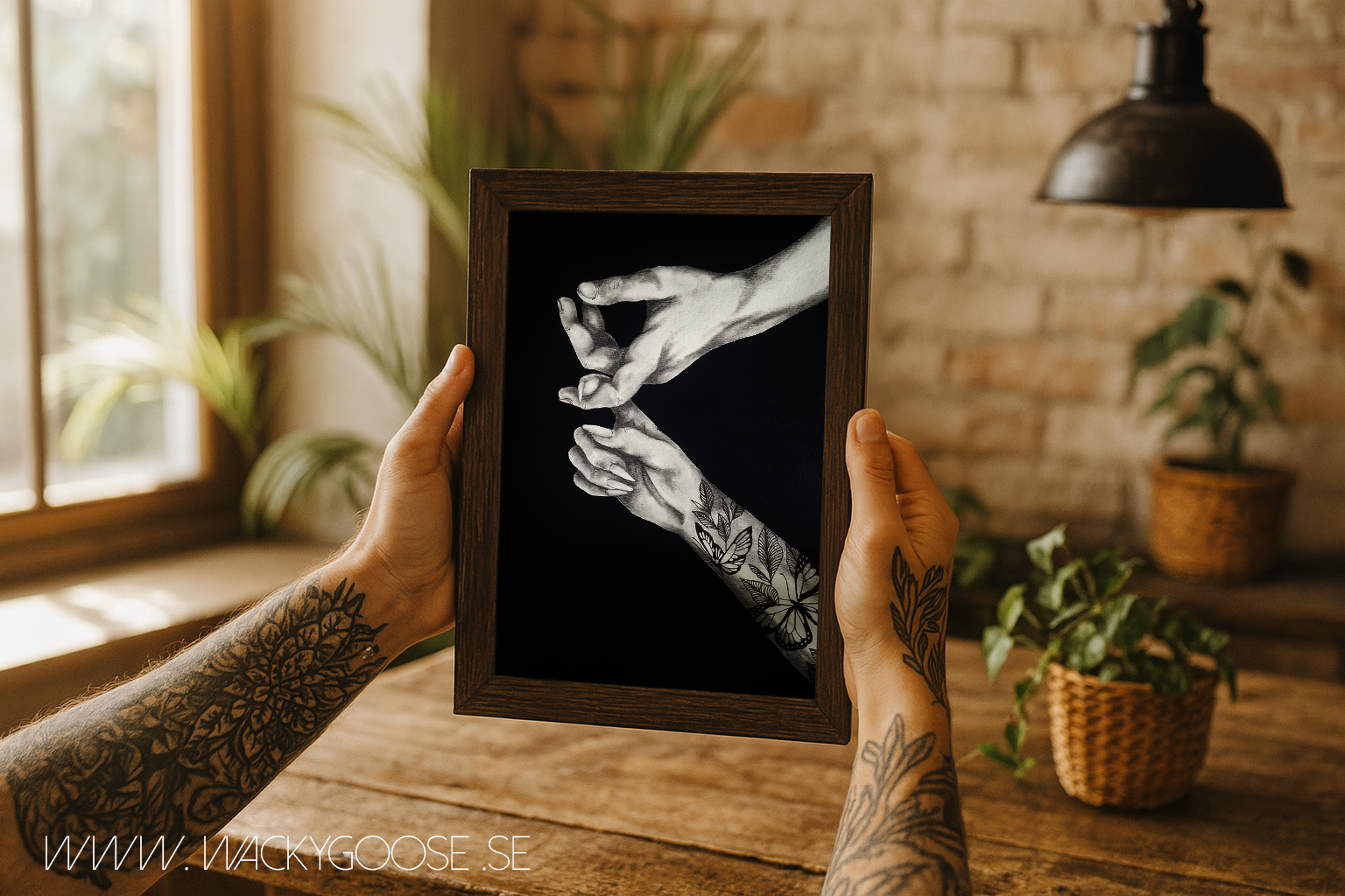 Stay Close - Svartvit tavla i Kol & Akryl med tatuerad hand