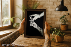 Stay Close - Svartvit tavla i Kol & Akryl med tatuerad hand