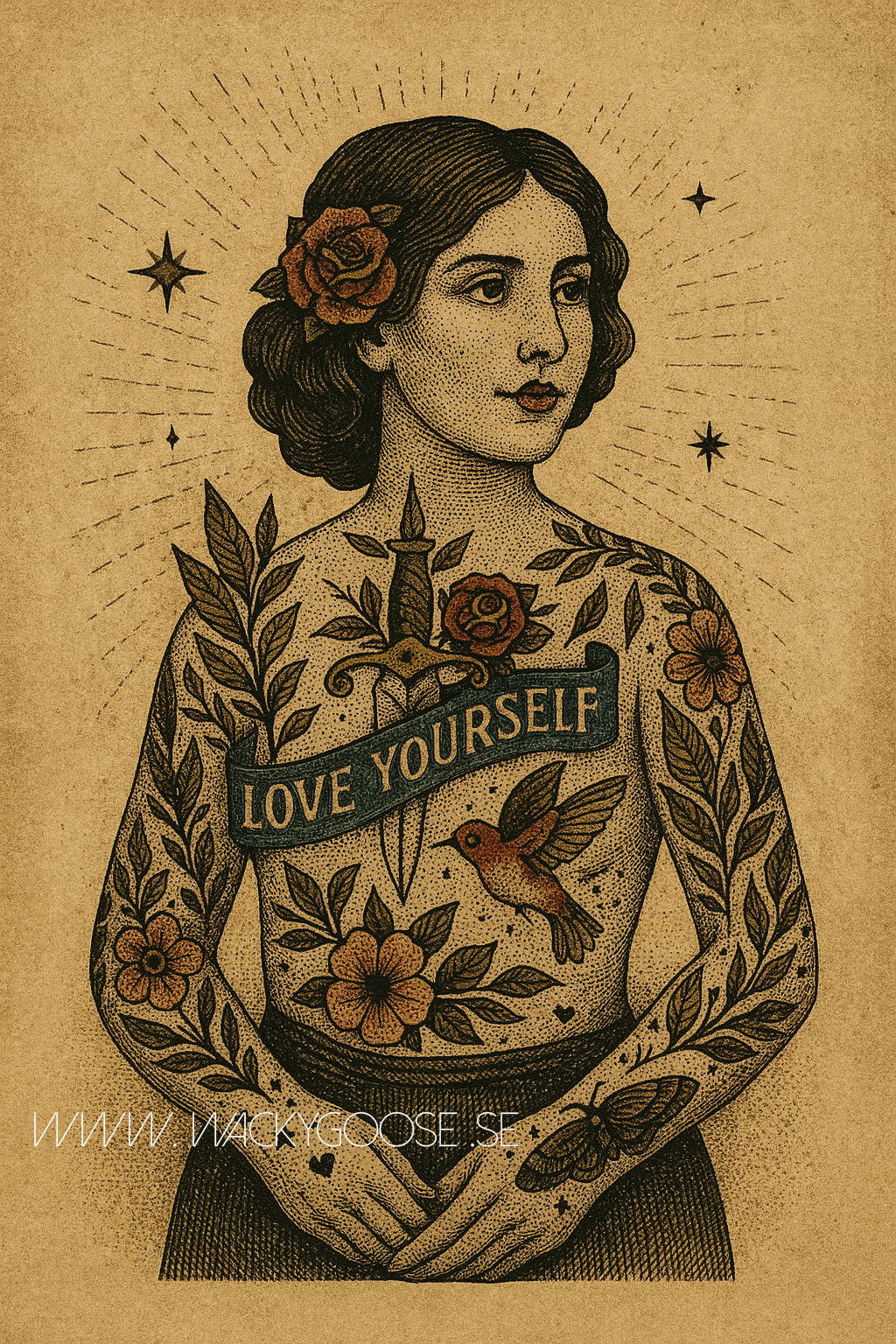 "Love Yourself" - Vintage Poster med Tatuerad Kvinna