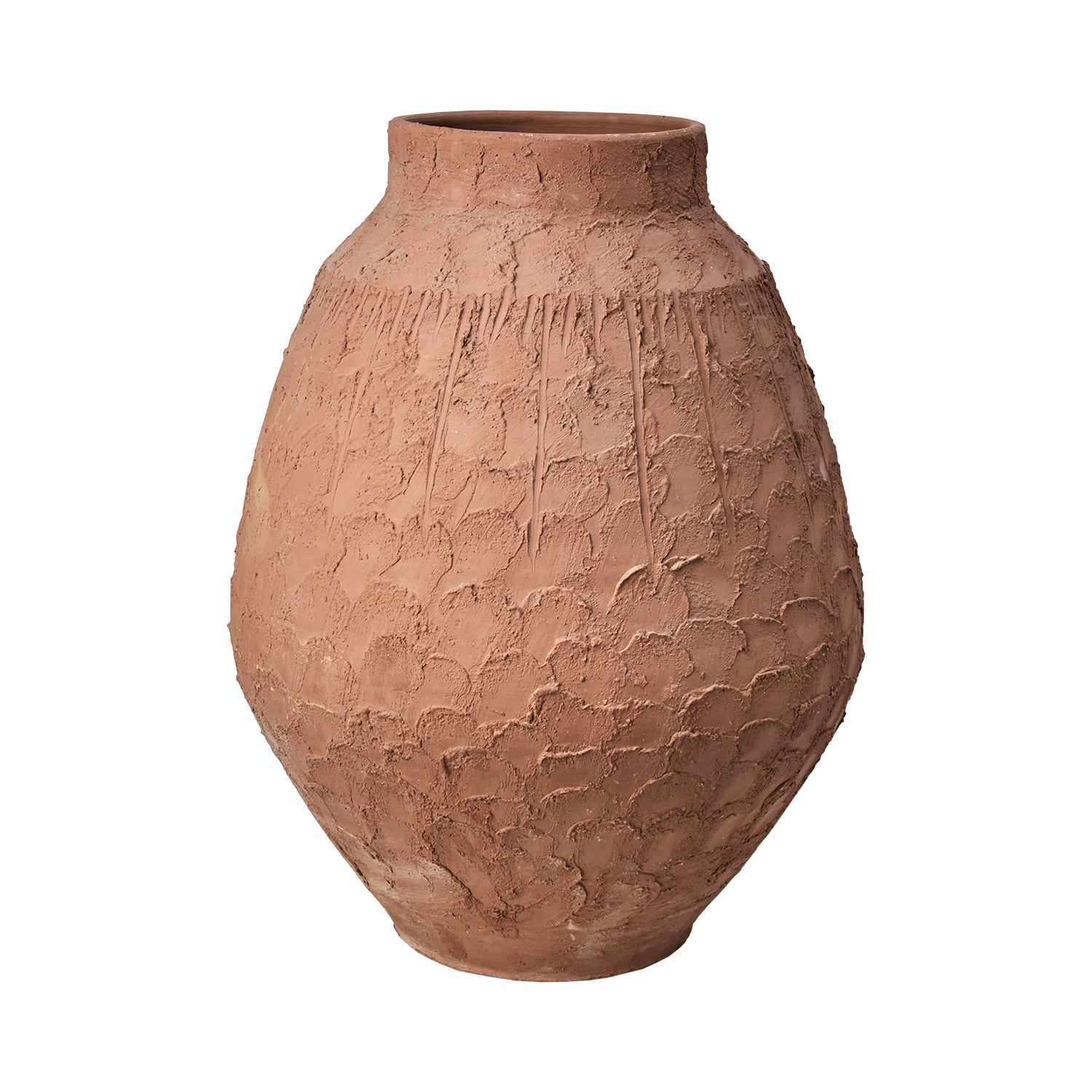 Stor handgjord urna i terrakotta med skulpterad yta, 46cm