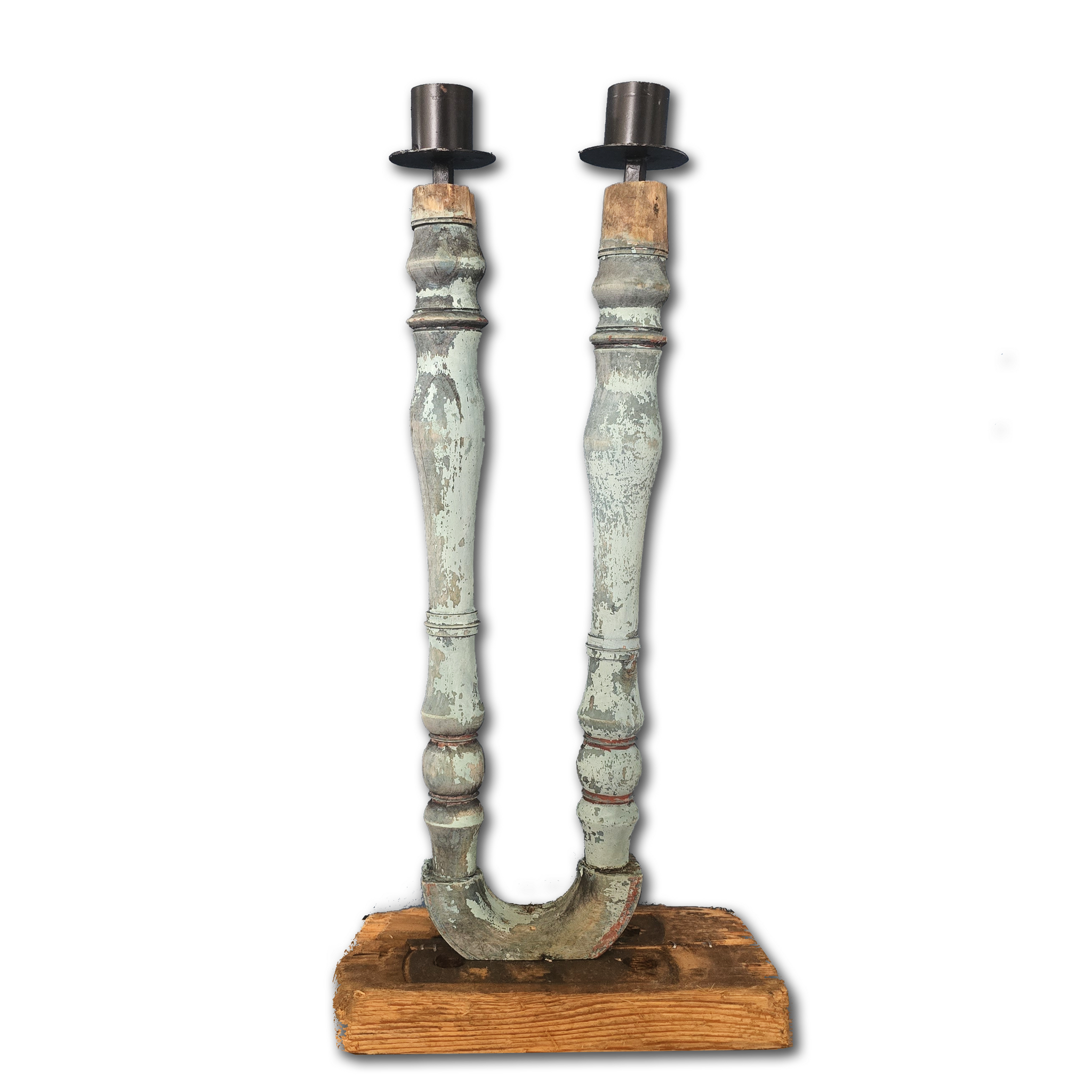 Unik ljusstake i vintage-stil för två ljus - Handgjord av spinnrocksdelar, 41cm