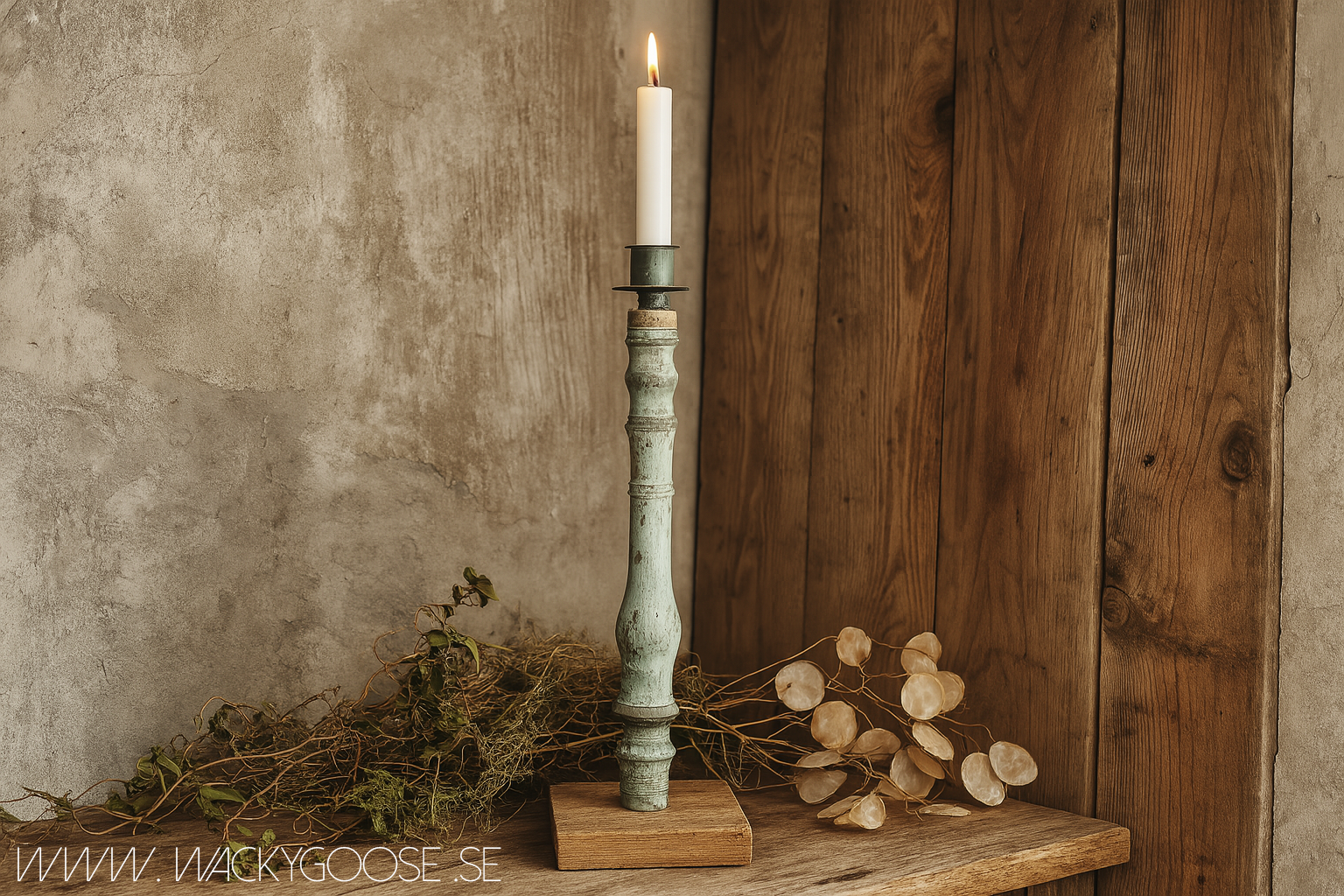 Unik ljusstake i vintage-stil - Handgjord av spinnrocksdelar, 35cm