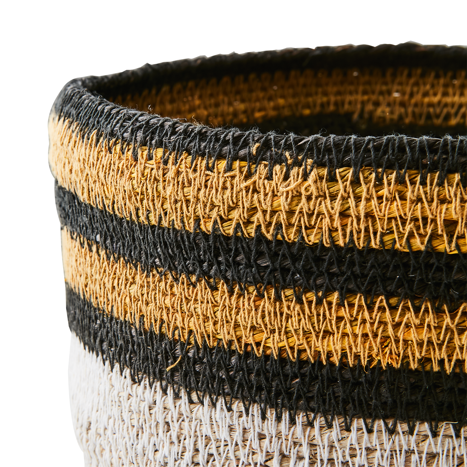 Handsydd Madiba-korg i sjögräs, Svart, vitt & senapsgult, Ø20cm