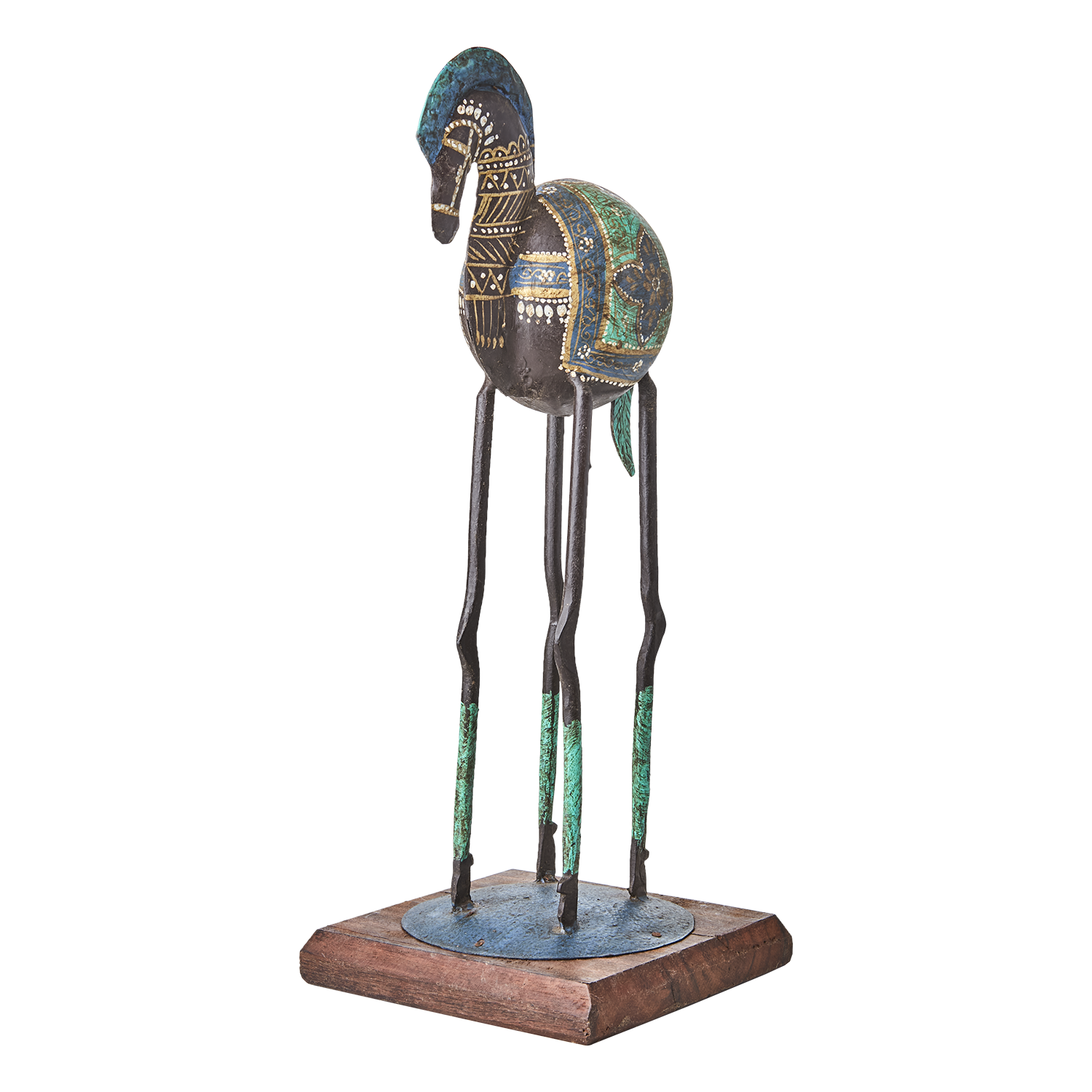 Dekorativ hästfigur i svart/turkos - Unik inredningsdetalj i återvunnet trä och järn, 40cm