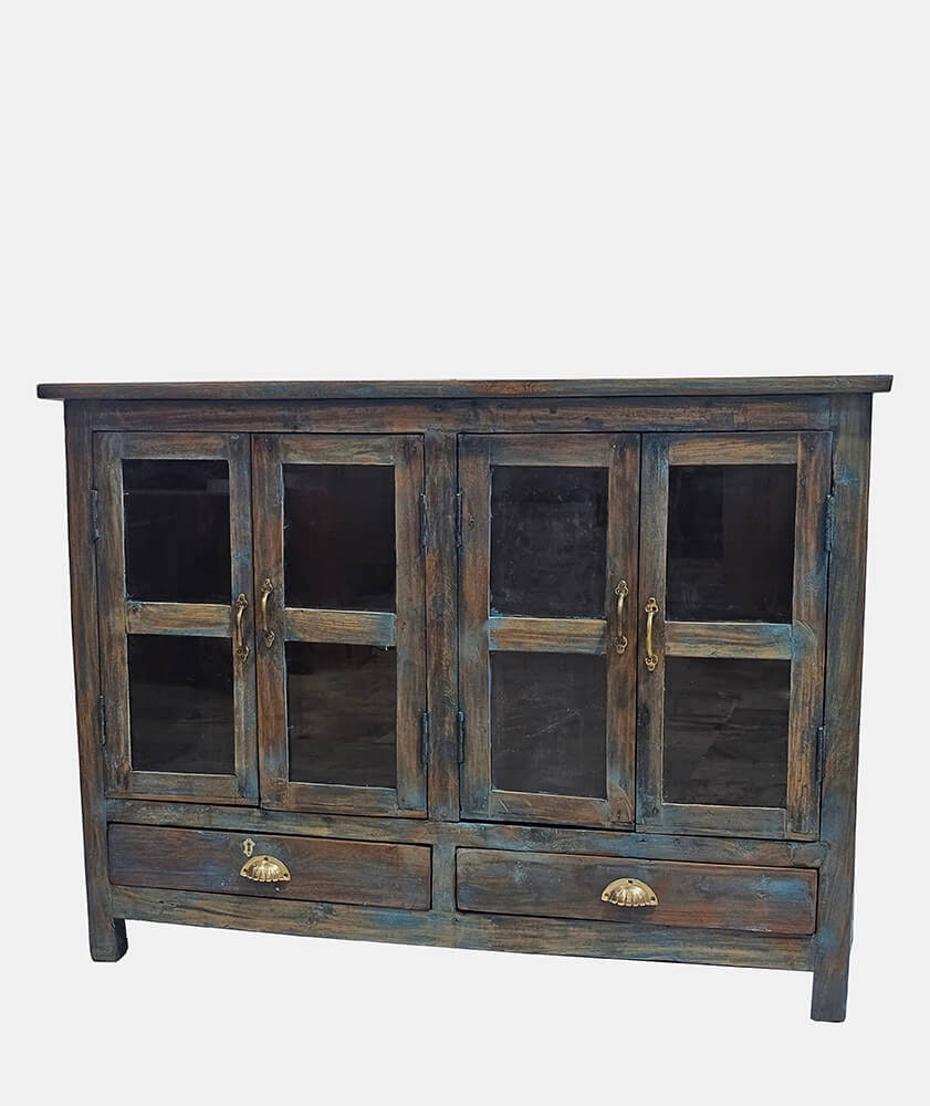 Extraordinär vintage skänk med vitrin, Blåa färgrester