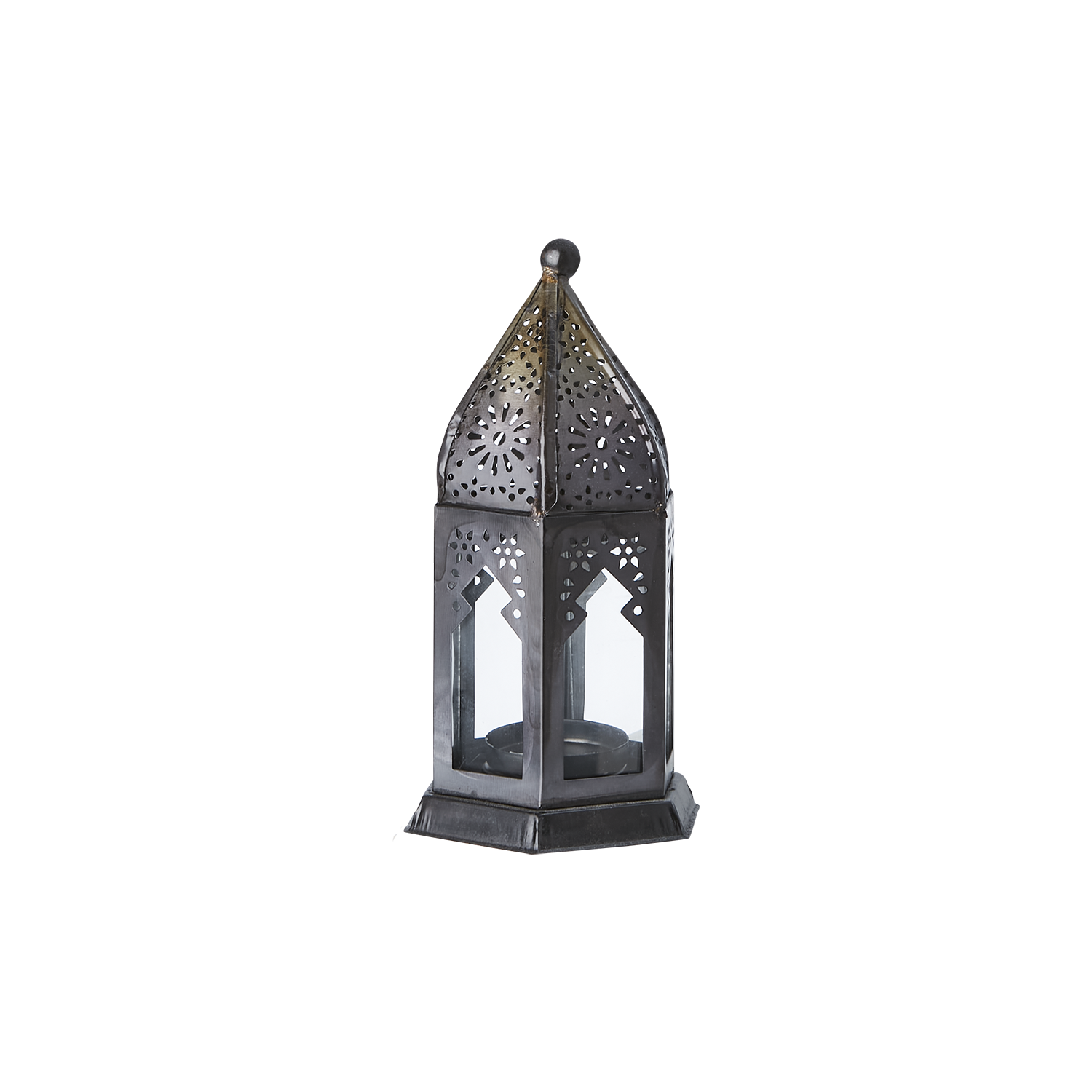 Bohemisk värmeljuslykta i järn och glas, 16cm