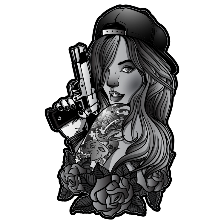 Hyttdekor - Tatto girl with gun - Printad