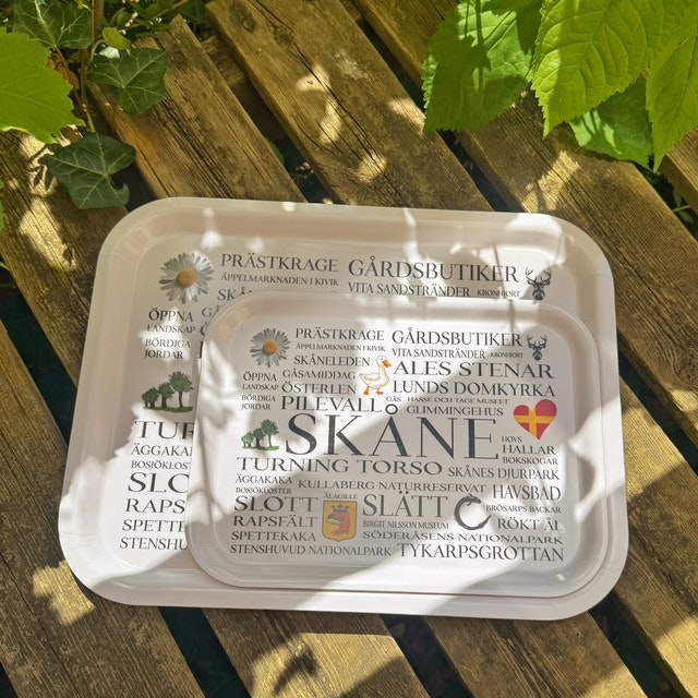 Bricka med skånska platser och benämningar