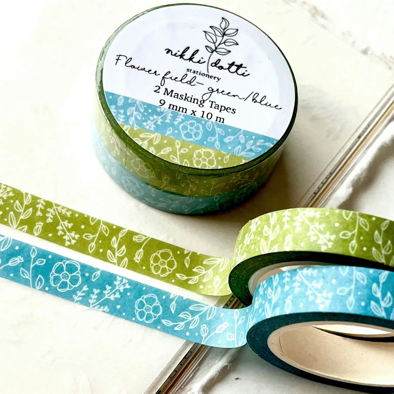 Washi tape Nikki Dotti - 2 pcs Flower field blue/green 9 mm