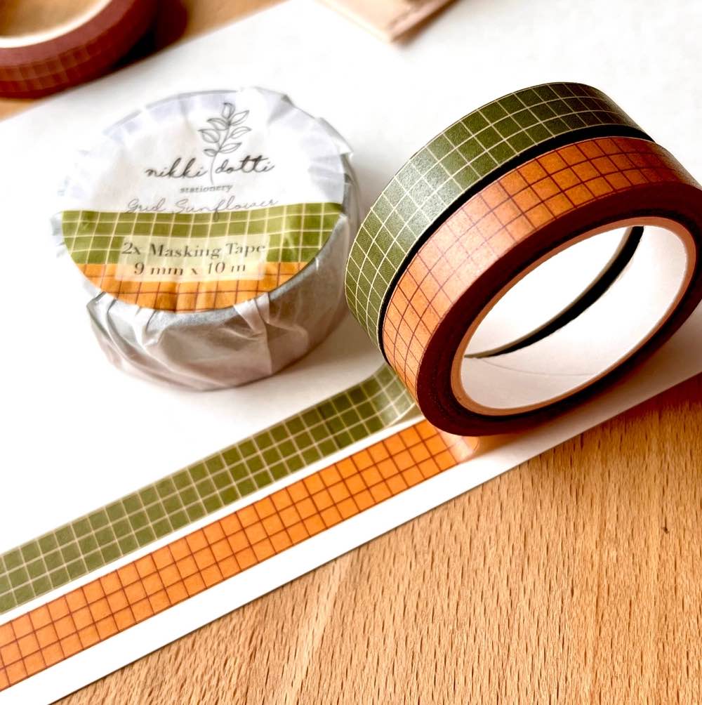 Washi tape Nikki Dotti - 2 st Sunflower Grid grön/orange 9 mm