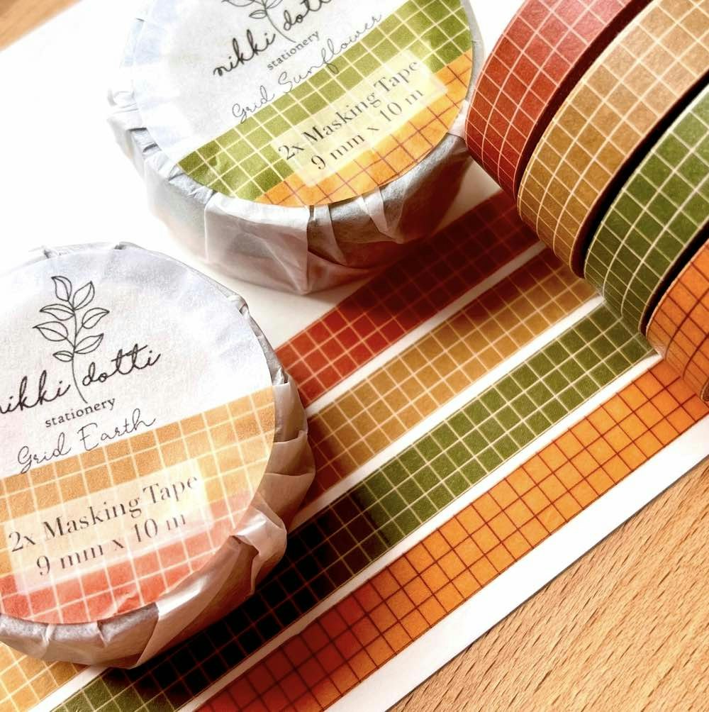 Washi tape Nikki Dotti - 2 st Sunflower Grid grön/orange 9 mm