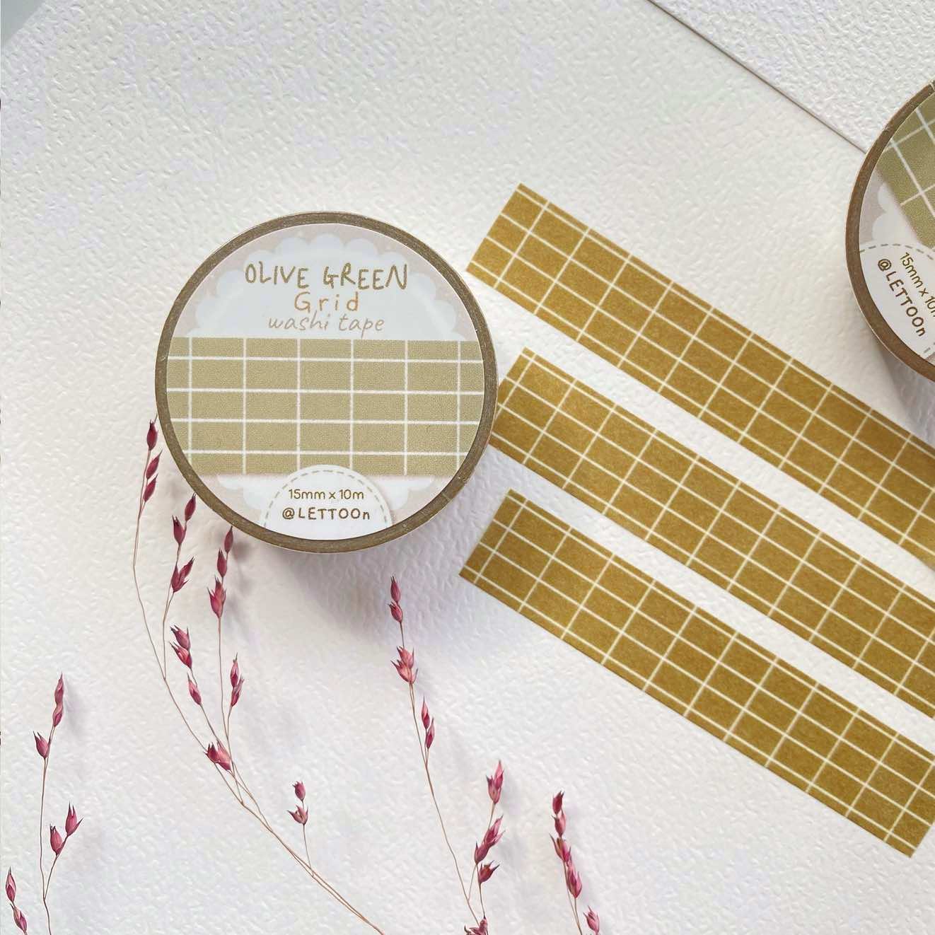 Washi tape Lettoon - Olive Grid 15 mm
