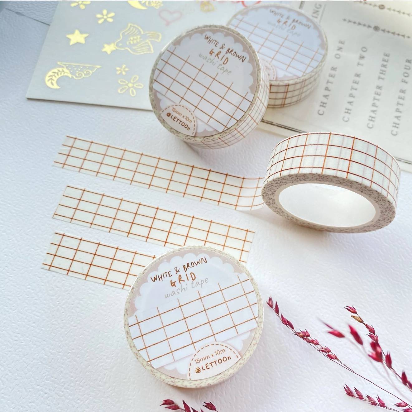 Washi tape Lettoon - White and Brown Grid 15 mm