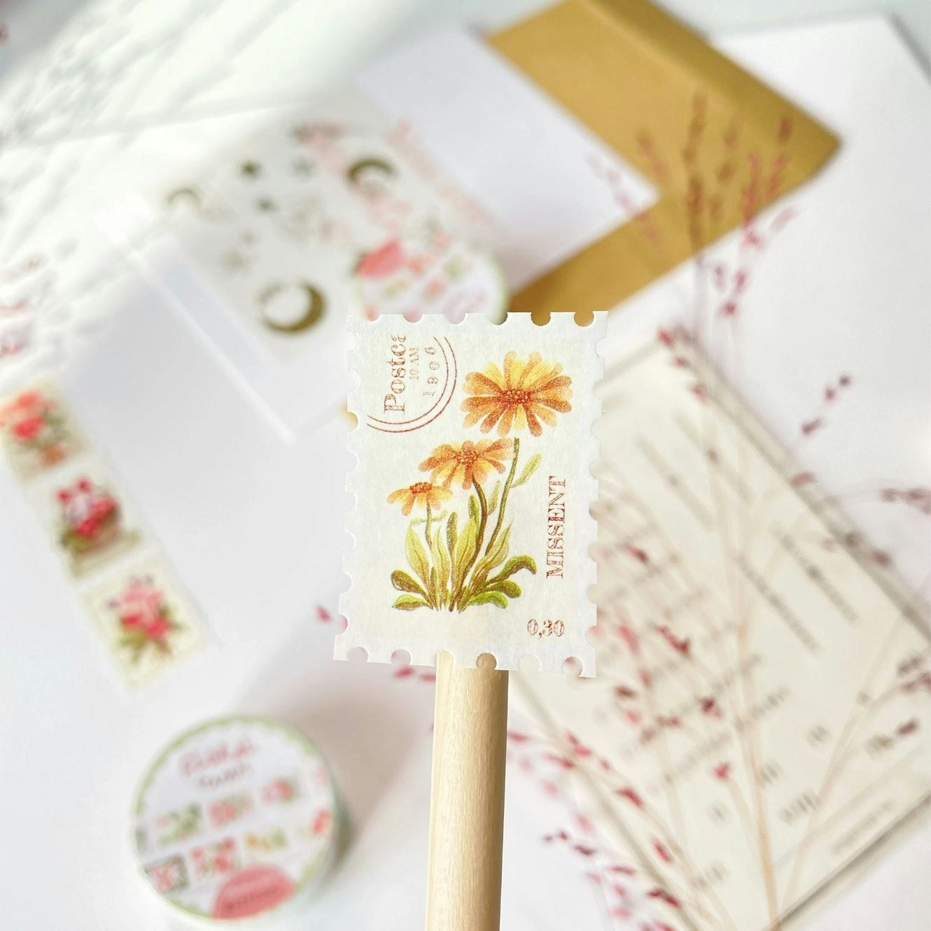Washi tape Lettoon - Floral Stamps 25 mm